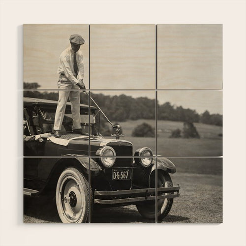 Golfer Teeing Off On Top Of Car, Black And White, Old Photo, Vintage Golf Art Wood Wall Art Gallery Image 1