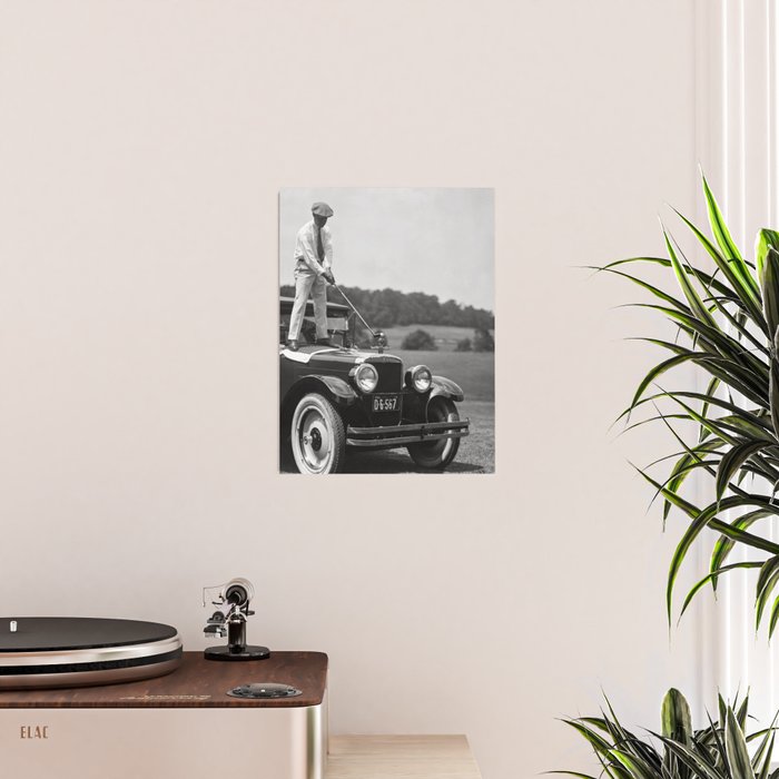 Golfer Teeing Off on Top of Car, Black and White, Old Photo, Vintage Golf Art Poster Gallery Image 2