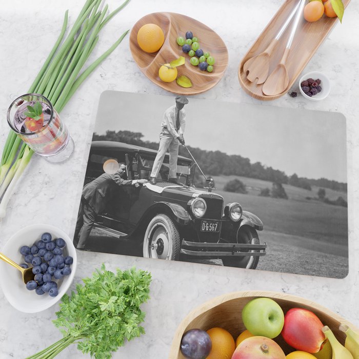 Golfer Teeing Off on Top of Car, Black and White, Old Photo, Vintage Golf Art Cutting Board Gallery Image 2