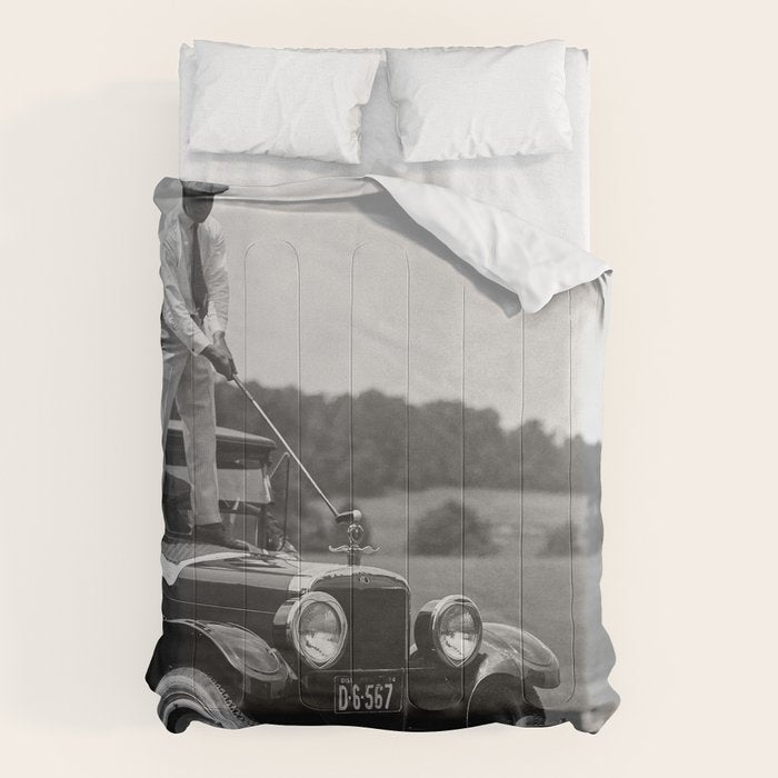 Golfer Teeing Off on Top of Car, Black and White, Old Photo, Vintage Golf Art Comforter Gallery Image 6