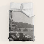 Golfer Teeing Off on Top of Car, Black and White, Old Photo, Vintage Golf Art Comforter Gallery Image 6