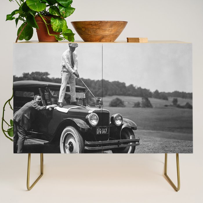 Golfer Teeing Off on Top of Car, Black and White, Old Photo, Vintage Golf Art Credenza Gallery Image 1