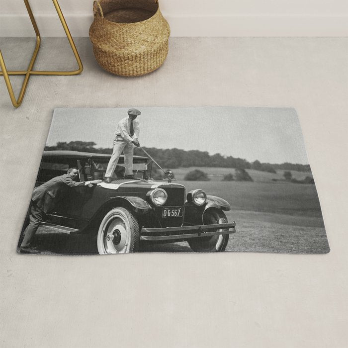 Golfer Teeing Off on Top of Car, Black and White, Old Photo, Vintage Golf Art Rug Gallery Image 1