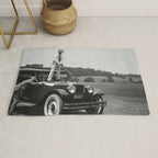 Golfer Teeing Off on Top of Car, Black and White, Old Photo, Vintage Golf Art Rug Gallery Image 1