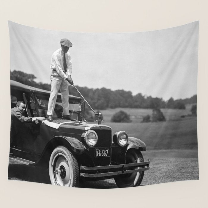 Golfer Teeing Off on Top of Car, Black and White, Old Photo, Vintage Golf Art Wall Tapestry Gallery Image 1