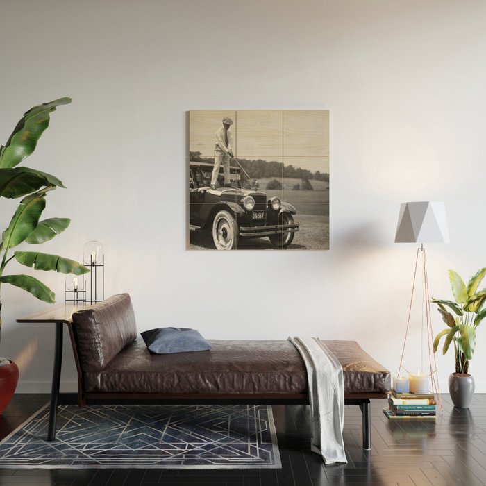 Golfer Teeing Off on Top of Car, Black and White, Old Photo, Vintage Golf Art Wood Wall Art Gallery Image 2