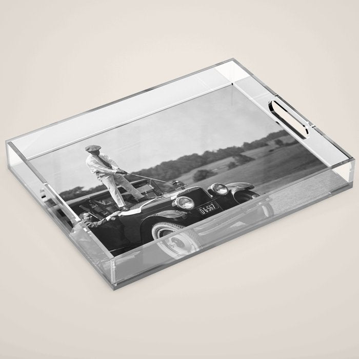 Golfer Teeing Off on Top of Car, Black and White, Old Photo, Vintage Golf Art Acrylic Tray Gallery Image 1