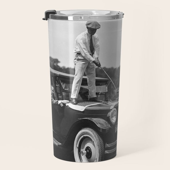 Golfer Teeing Off on Top of Car, Black and White, Old Photo, Vintage Golf Art Travel Mug Gallery Image 3