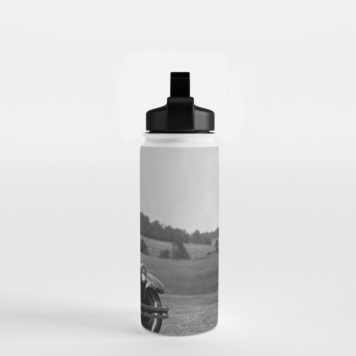 Golfer Teeing Off on Top of Car, Black and White, Old Photo, Vintage Golf Art Water Bottle Gallery Image 2