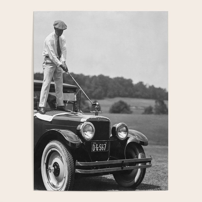 Golfer Teeing Off on Top of Car, Black and White, Old Photo, Vintage Golf Art Poster Gallery Image 4