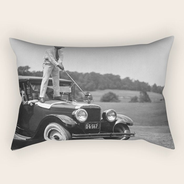 Golfer Teeing Off on Top of Car, Black and White, Old Photo, Vintage Golf Art Rectangular Pillow Gallery Image 1