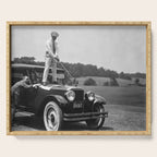 Golfer Teeing Off on Top of Car, Black and White, Old Photo, Vintage Golf Art Serving Tray Gallery Image 1