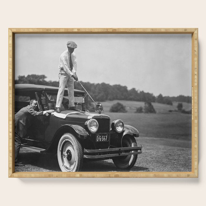 Golfer Teeing Off on Top of Car, Black and White, Old Photo, Vintage Golf Art Serving Tray Gallery Image 1