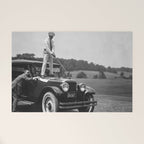 Golfer Teeing Off on Top of Car, Black and White, Old Photo, Vintage Golf Art Welcome Mat Gallery Image 1