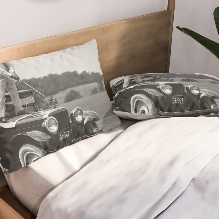 Golfer Teeing Off on Top of Car, Black and White, Old Photo, Vintage Golf Art Pillow Sham Gallery Image 2