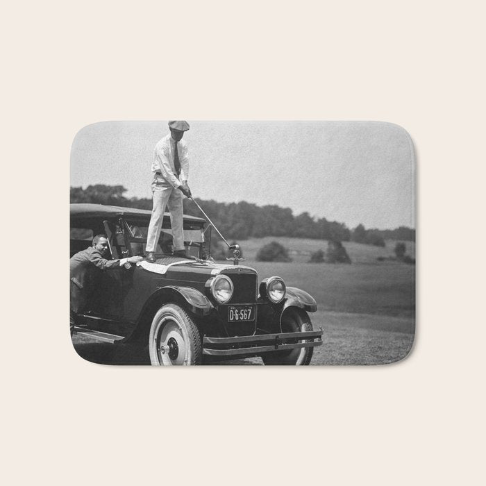 Golfer Teeing Off on Top of Car, Black and White, Old Photo, Vintage Golf Art Bath Mat Gallery Image 1
