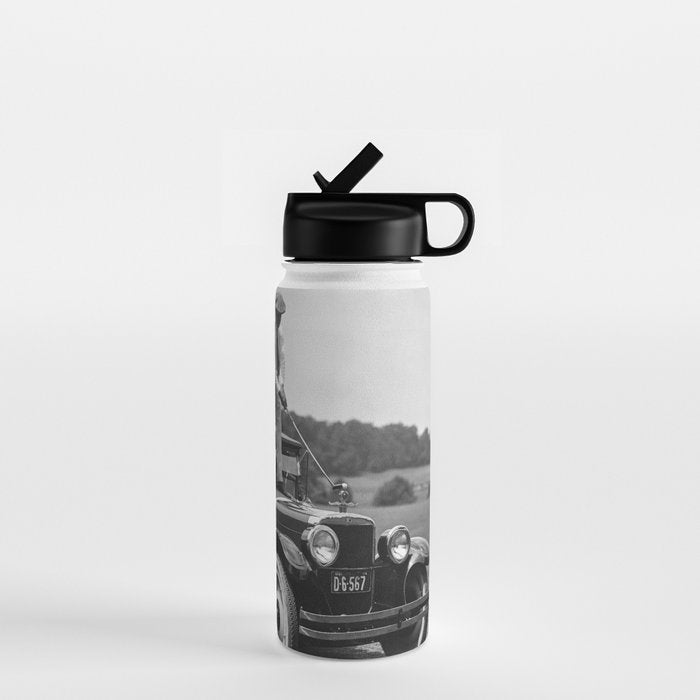 Golfer Teeing Off on Top of Car, Black and White, Old Photo, Vintage Golf Art Water Bottle Gallery Image 1