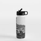 Golfer Teeing Off on Top of Car, Black and White, Old Photo, Vintage Golf Art Water Bottle Gallery Image 1