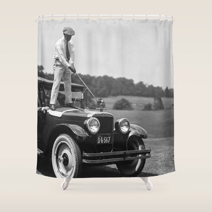 Golfer Teeing Off on Top of Car, Black and White, Old Photo, Vintage Golf Art Shower Curtain Gallery Image 1