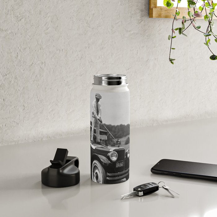 Golfer Teeing Off on Top of Car, Black and White, Old Photo, Vintage Golf Art Water Bottle Gallery Image 4