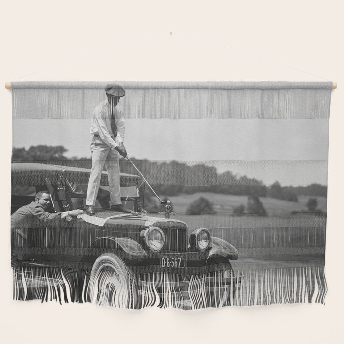 Golfer Teeing Off on Top of Car, Black and White, Old Photo, Vintage Golf Art Wall Hanging Gallery Image 1
