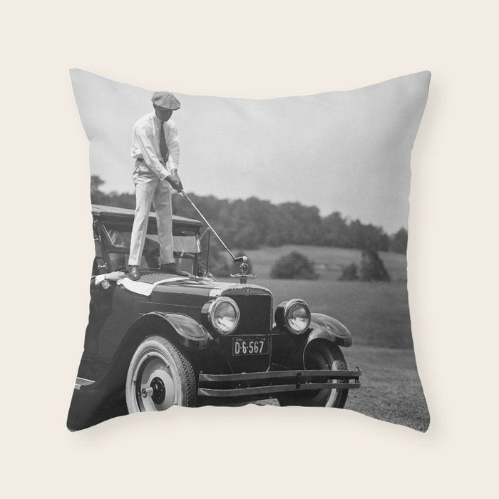 Golfer Teeing Off on Top of Car, Black and White, Old Photo, Vintage Golf Art Throw Pillow Gallery Image 6