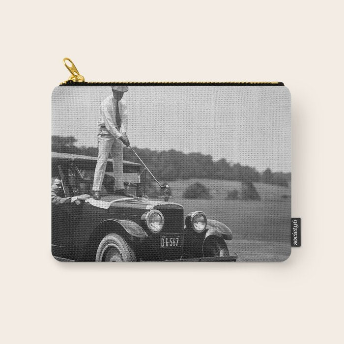 Golfer Teeing Off on Top of Car, Black and White, Old Photo, Vintage Golf Art Carry All Pouch Gallery Image 1