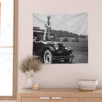 Golfer Teeing Off on Top of Car, Black and White, Old Photo, Vintage Golf Art Wall Tapestry Gallery Image 2