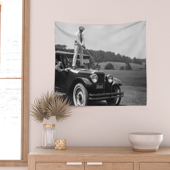 Golfer Teeing Off on Top of Car, Black and White, Old Photo, Vintage Golf Art Wall Tapestry Gallery Image 2