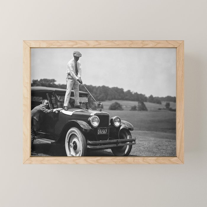 Golfer Teeing Off on Top of Car, Black and White, Old Photo, Vintage Golf Art Mini Art Print Gallery Image 1