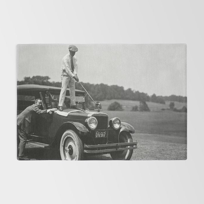 Golfer Teeing Off on Top of Car, Black and White, Old Photo, Vintage Golf Art Rug Gallery Image 2
