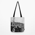 Golfer Teeing Off on Top of Car, Black and White, Old Photo, Vintage Golf Art Tote Bag Gallery Image 2