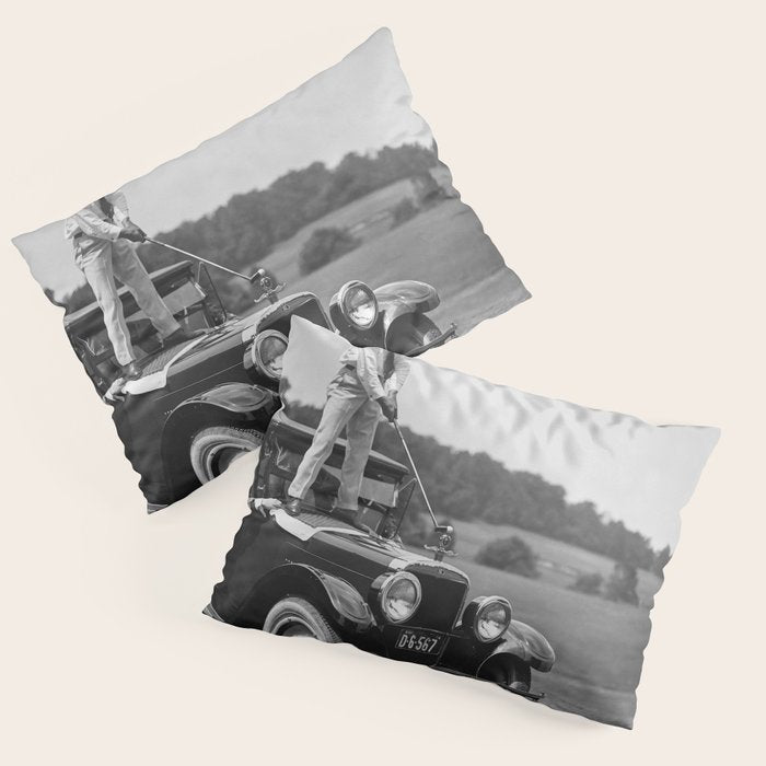 Golfer Teeing Off on Top of Car, Black and White, Old Photo, Vintage Golf Art Pillow Sham Gallery Image 3
