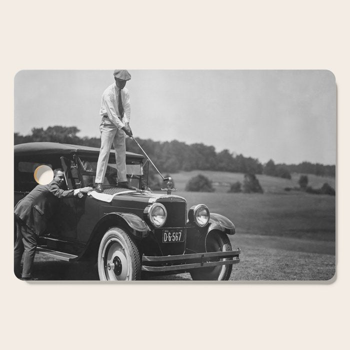 Golfer Teeing Off on Top of Car, Black and White, Old Photo, Vintage Golf Art Cutting Board Gallery Image 1