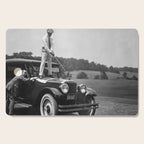 Golfer Teeing Off on Top of Car, Black and White, Old Photo, Vintage Golf Art Cutting Board Gallery Image 1
