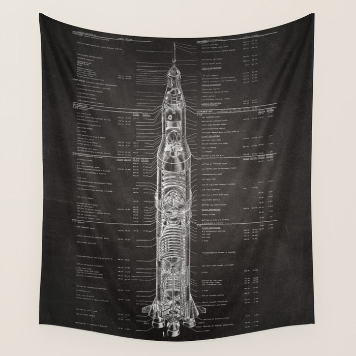 Apollo 11 Saturn V Blueprint in High Resolution (black) Wall Tapestry Gallery Image 4