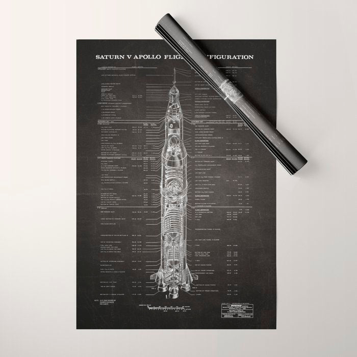 Apollo 11 Saturn V Blueprint in High Resolution (black) Wrapping Paper Gallery Image 1