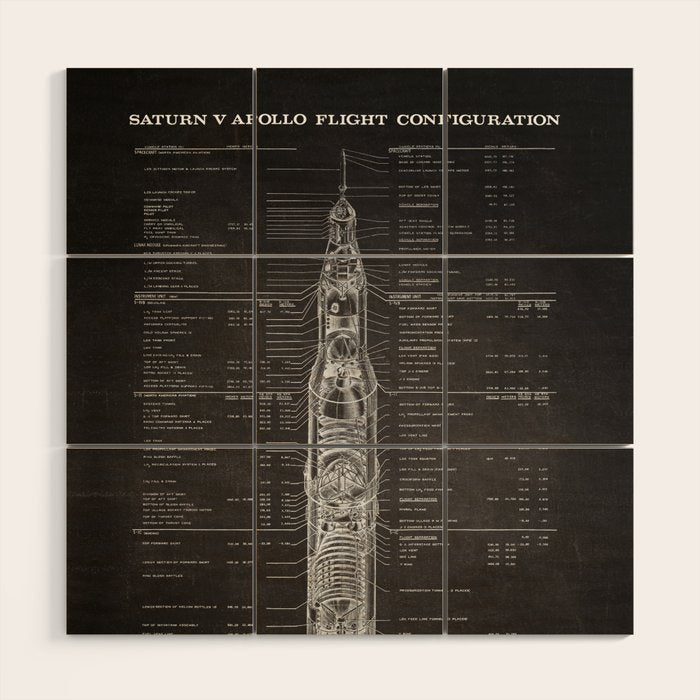 Apollo 11 Saturn V Blueprint in High Resolution (black) Wood Wall Art Gallery Image 1