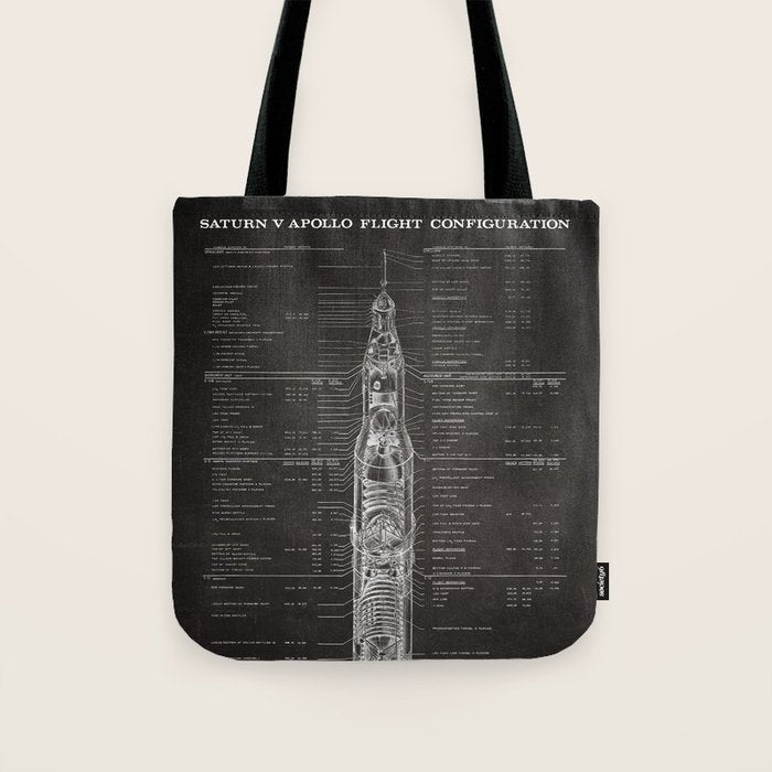 Apollo 11 Saturn V Blueprint in High Resolution (black) Tote Bag Gallery Image 1