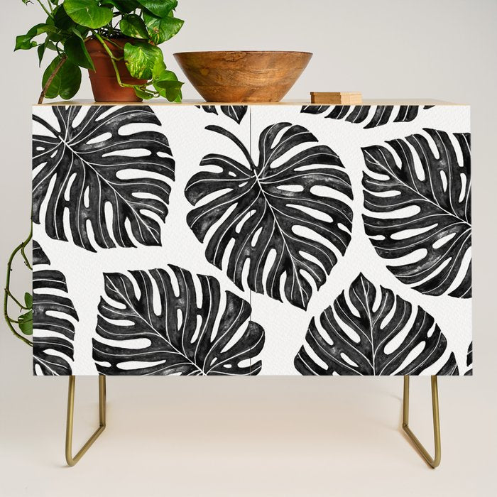 Watercolor Palm Leaves Black and White Credenza Gallery Image 1