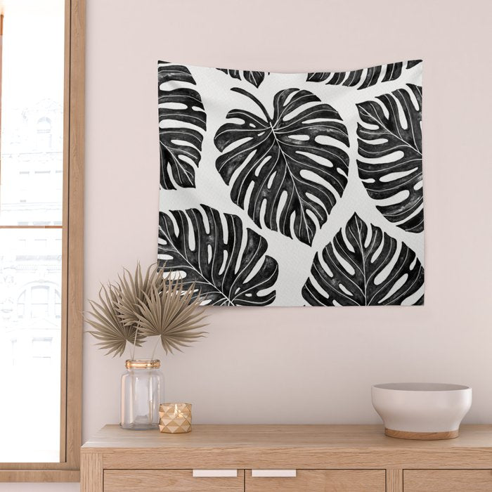 Watercolor Palm Leaves Black and White Wall Tapestry Gallery Image 2