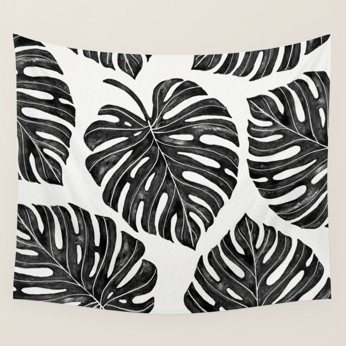 Watercolor Palm Leaves Black and White Wall Tapestry Gallery Image 4