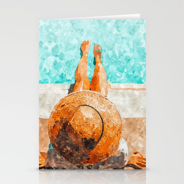 By The Pool All Day, Summer Travel Woman Swimming, Tropical Fashion Bohemian Painting Stationery Card Gallery Image 1