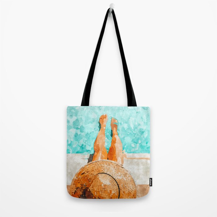 By The Pool All Day, Summer Travel Woman Swimming, Tropical Fashion Bohemian Painting Tote Bag Gallery Image 2
