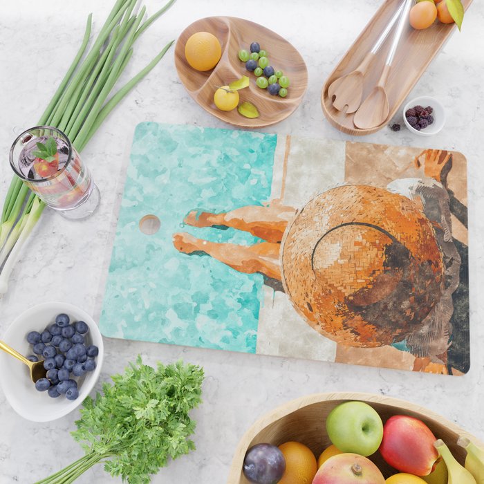 By The Pool All Day, Summer Travel Woman Swimming, Tropical Fashion Bohemian Painting Cutting Board Gallery Image 2