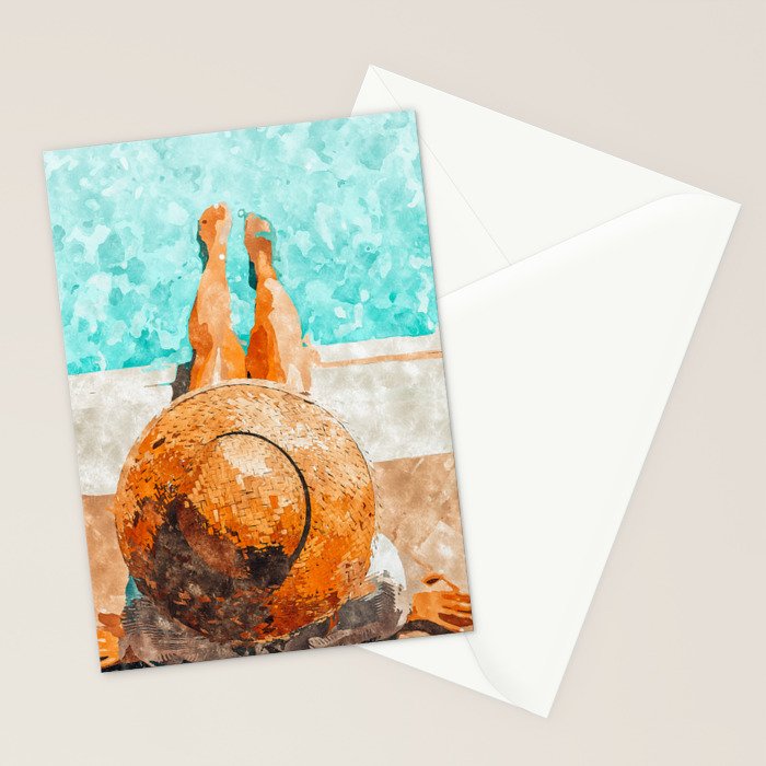 By The Pool All Day, Summer Travel Woman Swimming, Tropical Fashion Bohemian Painting Stationery Card Gallery Image 2