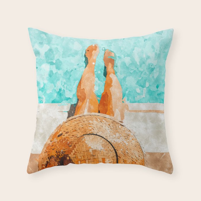 By The Pool All Day, Summer Travel Woman Swimming, Tropical Fashion Bohemian Painting Throw Pillow Gallery Image 6