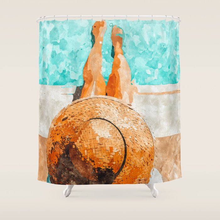 By The Pool All Day, Summer Travel Woman Swimming, Tropical Fashion Bohemian Painting Shower Curtain Gallery Image 1