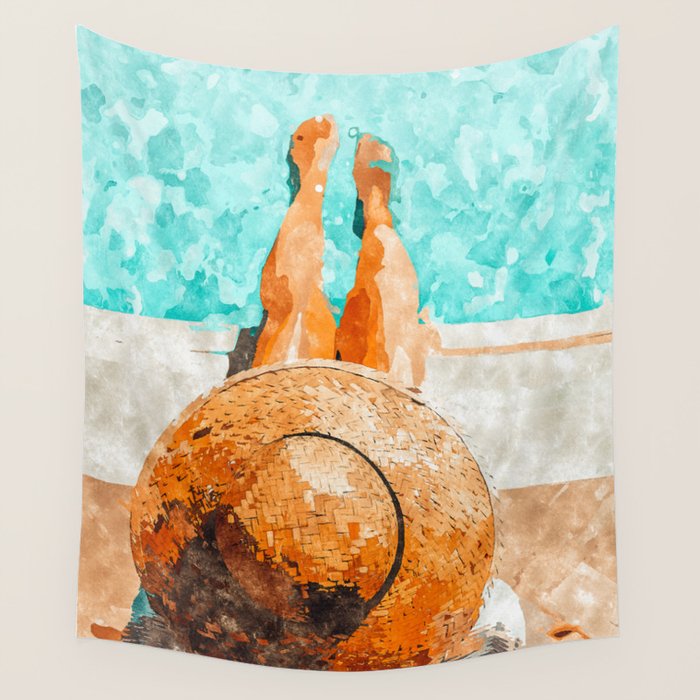 By The Pool All Day, Summer Travel Woman Swimming, Tropical Fashion Bohemian Painting Wall Tapestry Gallery Image 1