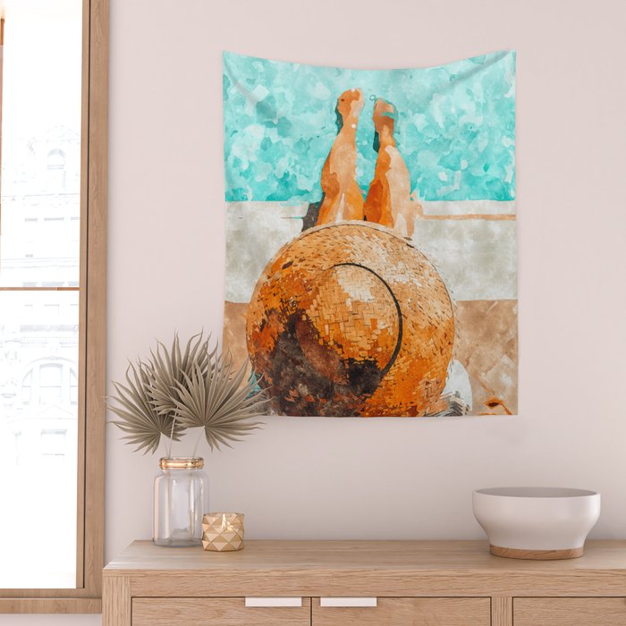 By The Pool All Day, Summer Travel Woman Swimming, Tropical Fashion Bohemian Painting Wall Tapestry Gallery Image 2